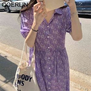 Retro French Style Summer Floral Single-breasted Shirt Dress Women Turn-Down Collar Short Sleeve Purple Dresses Ladies 210601