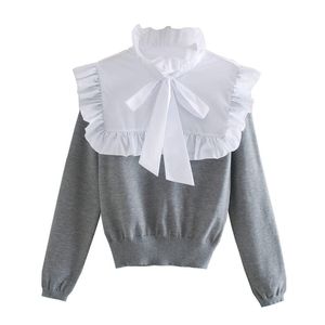 BLSQR Fashion With Bow Patchwork Knitted Sweater Women Vintage Ruffled Collar Long Sleeve Female Pullovers Chic Tops 210430