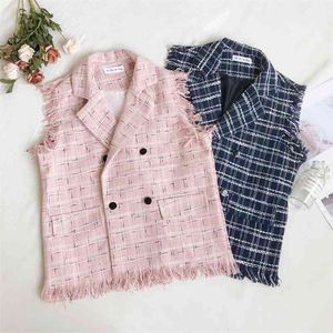 Vår sommar kvinnor Plaid Vest Tweed Ärmlös Jacka Mode Tassel Coat Lady Loose Vintage Woolen S 210514