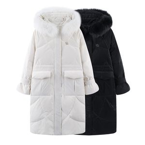 Vintage Women Thick Warm X-Long Dwon Coats Snow Winter Fashion Ladies Elegant Real Fox Fur Jackets Girls Chic Parkas Cute 210427