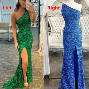 Sparkly Sequined Bridesmaids Prom Dresses A Line One Shoulder Long Length Side Split Girls Junior Maid Of Honors Formal Gowns