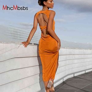 O pescoço Backless Bodycon vestido de tanque mulheres sólidas mangas elegantes elegantes Midi vestidos split coxa de manto assimétrico verão 210517