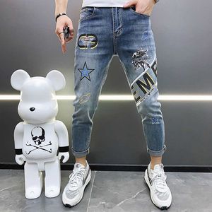 Brand Men Jeans Slim Denim Trousers Fashion Letter Printed Stretch Blue Pants Ankle Length Casual Slim Fit Street Wear Jeans 210527