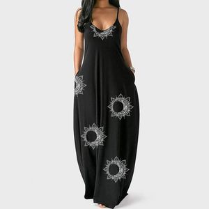 Casual Dresses Fashion Black Women Maxi Klänning Stor Storlek Skriv ut Lång Kvinna Sexig Deep V Sling Sommar Vestidos Robe