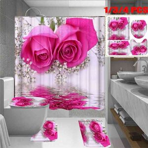 핑크 로즈 인쇄 방수 샤워 커튼 욕실 미끄럼 방지 깔개 세트 목욕 카펫 화장실 시트 커버 바닥 매트 욕실 장식 210401