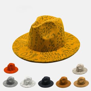 Wide Brim Leopard Fedora Dam Wool Felt Hat Kvinnor Män Party Jazz Church Kepsar Patchwork Panama Cap