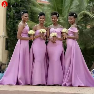 NEW! African Women Mermaid Bridesmaid Dresses Lilac Satin Long One Shoulder Wedding Party Dress Maid of Honor Prom Evening Gowns