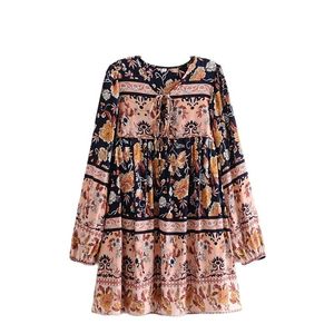 Women Spring Bohemian Mini Dress Autumn Gothic Casual Bodycon Dresses Empire Waist Floral Printed Vestidos Mujer 210521