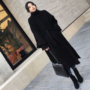 Bahar Kaşmir Ceket Kış Siluet Siyah Yün Uzun Ceket Aşırı Gevşek Diz Kadın 210531