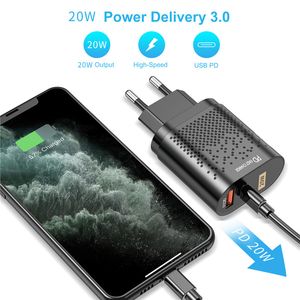QC3.0 PD Fast Charger 20W Type C USB Quick Charging Adapter Dual Ports Phone Wall Chargers with US EU UK Plug for iPhone 12 13 Samsung Huawei
