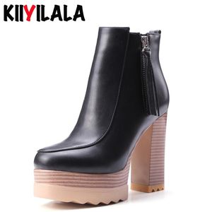 Stivali Kiiyilala Cerniera laterale Grana del legno Tacchi Piattaforma Scarpe da donna con breve peluche Chunky Donna Autunno Inverno Caviglia