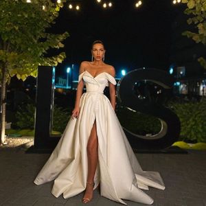 Sukienka A-Line Prom 2021 Spring Satin Off The Ramię V Neck High Slit Długa Suknia Wieczorowa Formalna Elegancka Vestidos de Gala