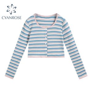 Doce listrado Cardigan Colheita Tees Manga Longa Mulheres T Camiseta Crewneck Coreano Primavera Elegante Elegante E-Girl Elegante Slim Curto Tops 210417