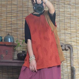Johnature Kadınlar Vintage Jakarlı Yelek Mont Patchwork Renk Sonbahar Kolsuz Çin Tarzı Giyim Kadın Yelekler 210521