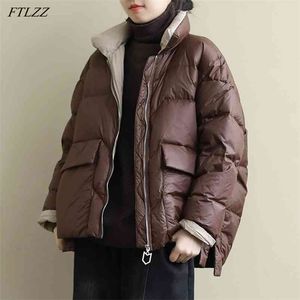 Kvinnor Vit Duck Down Jacket Winter Stand Collar Loose Coat Kvinna Varm Kort Snö Outwear 210430