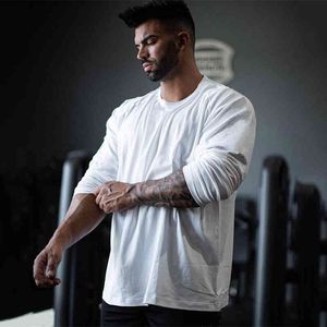 Märke Plain Gym Kläder Fitness Mens Oversized T Shirt Utomhus Hip Hop Streetwear Loose Långärmad T-shirt Bodybuilding Tshirt 210421