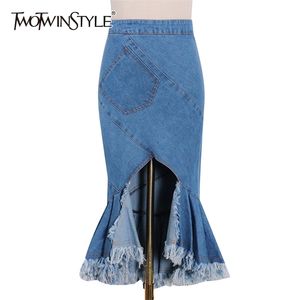 Denim Patchwork Tassel Skirt For Women High Waist Bodycon Blue Trumpet Skirts Female Fashion Clothing 210521