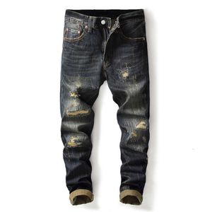 Ly Vintage Fashion Men Jeans Retro nero verde di alta qualità strappato per pantaloni in denim di cotone firmati patchwork MUOD