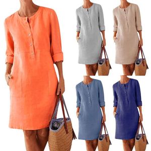 Casual Dresses 2021 Moda Jesień Damska Sukienka Midi Solid Color Loose Bawełna O-Neck Długi Rękaw Vestidos