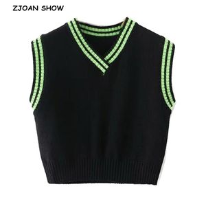 Preppy Style Green Strip Black Stickad Sweater Vest Women 90s Vintage Korean Kläder Striped V Neck Tank Top Y2K Knitwear 210429