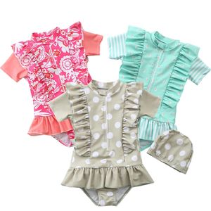 Menina bebê swimsuit rosa floral um pedaço meninas meninas swimwear sunscreen for1-6 anos crianças natação terno roupa beachwear plissado 210417