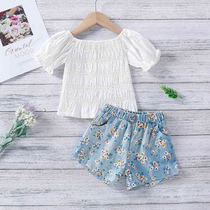 Printed Children's Clothes Summer Girls Puff Sleeve Short Top + Floral Shorts Style Girl Suit 210515