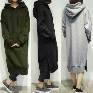 Kvinnors Casual Loose Long Hoodies Höst Solid Färg Sweatshirt Hooded Sweatshirt Dress Y0820