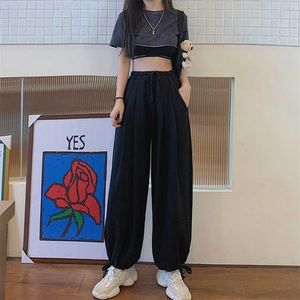 Houzhou Cinza Corredores Mulheres Verão Moda Coreana Molhas Alta Cintura Sólida Cor Streetwear Solto Casual Calças Esportes Feminino 211115