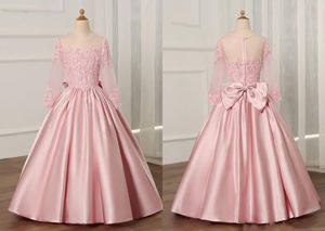 Elegante roze echte foto bloem meisjes jurken voor bruiloft juweel hals lange mouwen applique kant holle rug eerste communie jurk