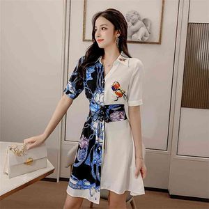 Women's Summer Dresses Korean Irregular Printing Short-sleeved Shirt All-match Thin with Belt GX282 210507