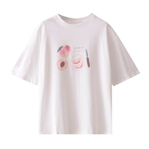 Kadınlar Pembe Şeftali Meyve Baskı T-shirt Kısa Kollu Gevşek Boy Tatlı Top Yaz B0807 210514