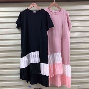 Frauen Casual Rosa Paneled Spliced Irreglar Fack Zwei Robe T-shirt Kleid Oansatz Kurzarm Lose Mode Sommer 210510