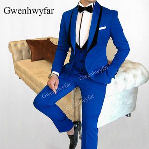 Gwenhwyfar kungliga blå män passar mjuka män sjal lapel blazer med svart kant smal passform jacka byxor väst 3 stycken brudgum tuxedos x0909