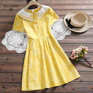 Mori Girl Sweet Dresses Summer Women Peter Pan Collar Short Sleeve Vintage Dress Animal Printed Femininos Yellow Vestidos 210520