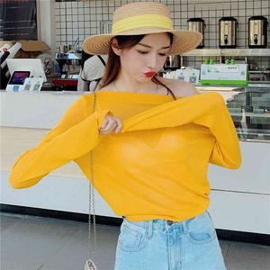 Zobacz Cienki Luźne Seksowne Fun Femme Koszulki Lato Tshirt Żółta Kobieta Z Długim Rękawem T Shirt Kobiety Harajuku Tee Topy 210417