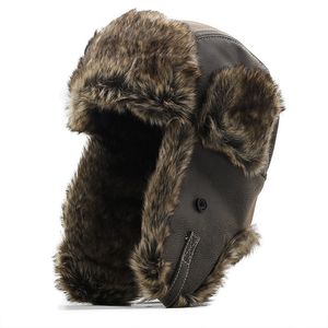 Hot Bombowiec Kapelusze Zimowe Mężczyźni Ciepłe Rosyjska Hat Ushanka z klapką uszą PU Skórzany Futro Trapper Cap Earflap