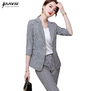 Plaid Suit Spring Summer Casual Fashion Half Sleeve Blazer And Pants Office Ladies Business Formal Work Wear 210604