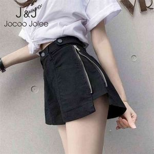 JOCOO Jolee Casual Side Zipper A-Line Kobiety Lato Solid Loose Sports Button All-Dopasuj wysoką talię szerokie spodnie nogi 210518