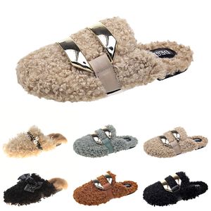 Discount newly autumn winter womens slippers metal chain all inclusive wool slipper for women black outer wear plus big size Muller half drag shoes