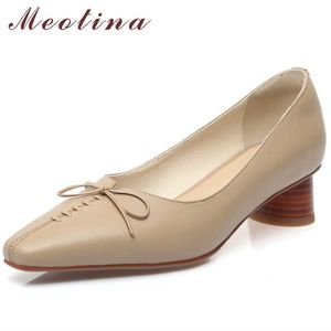 Meotina Med Tacchi in vera pelle naturale Scarpe da donna Fiocco Tacco spesso Décolleté Moda Punta quadrata Calzature femminili Primavera Albicocca 40 210608