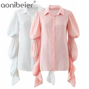 Rosa Vit Sommar Tunn Style Kvinnor Casual Blouses Fashion Shirred Tiered Puff Sleeve Hidden Knappar Långtröjor Toppar 210604