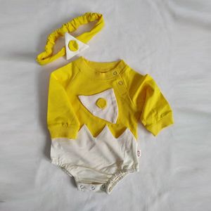 春Nの赤ん坊の服の卵スタイルの幼児の女の子のボディスーツフルスリーブワンピースヘッドバンド210429