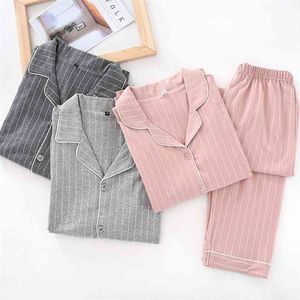 100% Baumwolle Frauen-Pyjamas-Sets-Abzugs-Hals-Hemd + Hosen Komfort-Langarm-Streifen-Pyjamas weiblicher Herbst Home Wear 210809