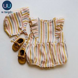 Macacões verão recém-nascido roupas de algodão linho sólido cor listra bebê roupas para 0-24m 210317