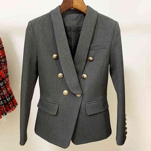 High Street Est Designer Blazer Jacket Kvinnors Slim Montering Dubbelbröst Metall Lion Knappar Sjal Collar 210521