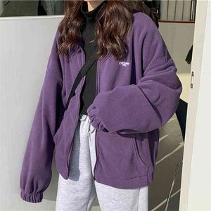 Winter Fleece Zipper Up Women's Hoodies Autumn Casual Stand Collar Long Sleeve Loose Purple Sweatshirt Thicken Oversized Outwear 210522