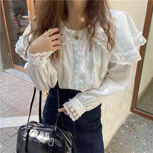 Vintage Patchwork Lace Shirts Kvinna Peter Pan Collar Office Lady Loose Fashion All Match Streetwear Blouses 210525