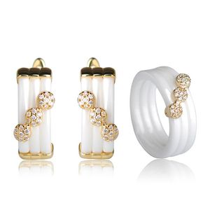 Ohrringe Halskette Dazz Luxus-Schmuck-Sets OhrringeRinge Weiße Keramik 3 Aros Kupferring Goldfarbe Arete Handmade Ensemble De Bijoux Fe