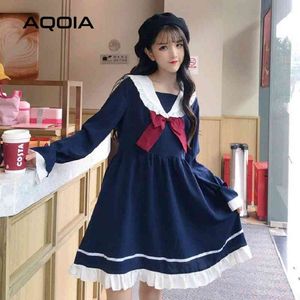 Spring Japanese style Mini Women Dress Sailor Collar Long Sleeve Lolita es JK A-Line Bow Patchwork Ladies 210521