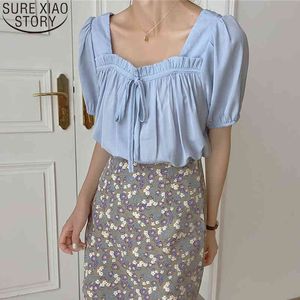 Solid Sweet Bow Loose Square Collar Tops Korean Age-Reducerande Kvinnans skjortor Puff Short Sleeve Chiffon Blouse 9693 210417